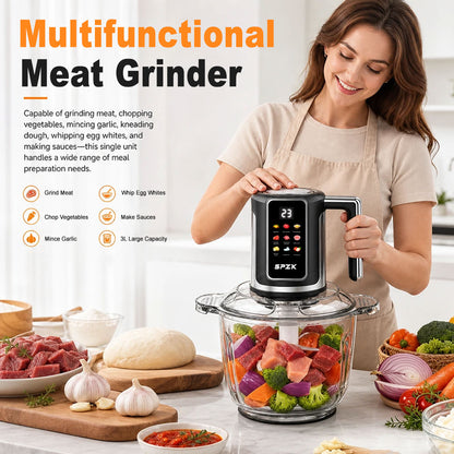 SPZK Digital Control Electric Meat Chopper with Big Transparent Glass Container, 10 Function Food Grinder Mincer with Replacement 3-Blade Cutter, Easy Clean Food Processor for Baby Puree, Bread Dough, Garlic Paste, Family Spring Summer Cooking