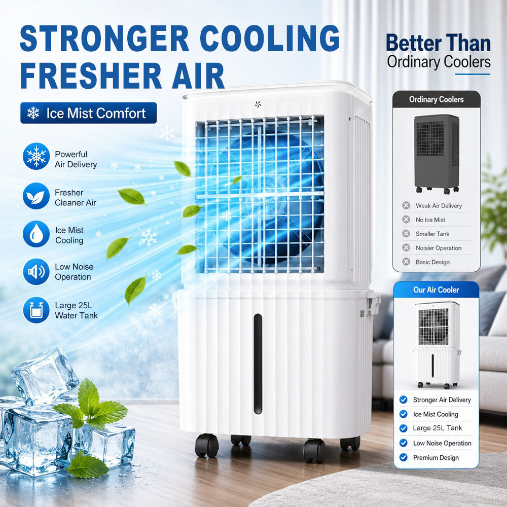 SPZK 25L Large Water Tank Evaporative Air Cooler, White Portable Swamp Cooler Fan with Remote Control & 4 Ice Packs, 3 Wind Speed Movable Cooling Air Conditioner for Home Warehouse Summer Heat Relief & Commercial Use