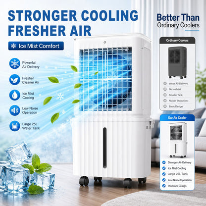 SPZK 25L Large Water Tank Evaporative Air Cooler, White Portable Swamp Cooler Fan with Remote Control & 4 Ice Packs, 3 Wind Speed Movable Cooling Air Conditioner for Home Warehouse Summer Heat Relief & Commercial Use