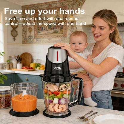 SPZTIK Dual Glass Bowl Electric Food Chopper Meat Grinder, Black Silver 2 Size Glass Containers with 2 Sets Stainless Steel Blades, 2 Speed Control Multifunctional Food Processor for Meat Vegetable Baby Puree Home Daily Cooking Holiday Meal Prep