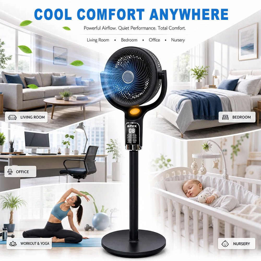SPZK Black 360° Oscillating Standing Air Circulator Fan, Height Adjustable Pedestal Turbo Fan with Remote Control & LED Digital Display, 8 Speed Quiet Whole Room Air Circulation Fan for Bedroom Living Room Summer Home Cooling, Built-in Timer & Night Light