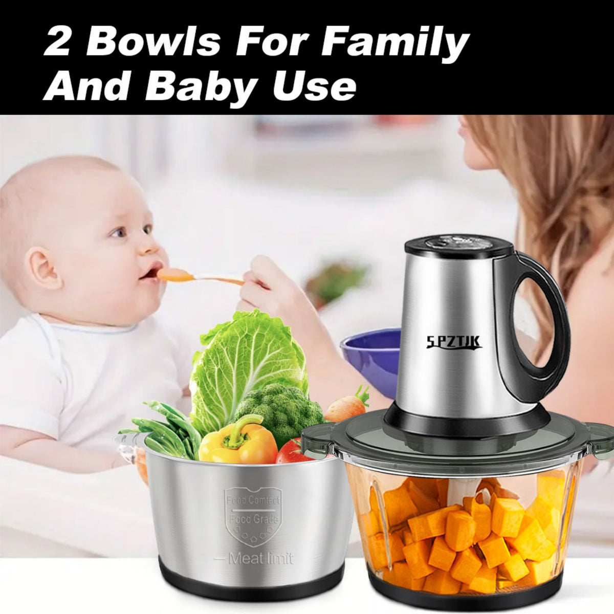 SPZTJK 3-Speed Electric Food Processor: Meat Grinder, Vegetable Choppe