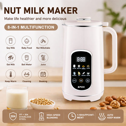 SPZK White Multi-Functional Soy Milk Maker 800ml Mini Automatic Nut Milk Blender, 8 Preset Programs Digital Display Almond Oat Milk Maker with Self-Clean & Keep Warm Function, Portable Soup Juice Baby Food Maker for Home Daily Breakfast Camping Travel