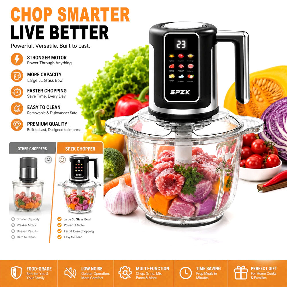 SPZK Digital Control Electric Meat Chopper with Big Transparent Glass Container, 10 Function Food Grinder Mincer with Replacement 3-Blade Cutter, Easy Clean Food Processor for Baby Puree, Bread Dough, Garlic Paste, Family Spring Summer Cooking