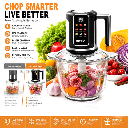 SPZK Digital Control Electric Meat Chopper with Big Transparent Glass Container, 10 Function Food Grinder Mincer with Replacement 3-Blade Cutter, Easy Clean Food Processor for Baby Puree, Bread Dough, Garlic Paste, Family Spring Summer Cooking