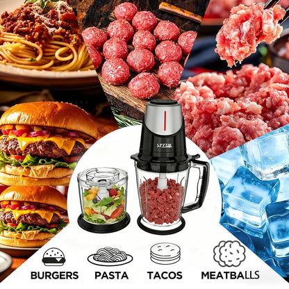 SPZTIK Dual Glass Bowl Electric Food Chopper Meat Grinder, Black Silver 2 Size Glass Containers with 2 Sets Stainless Steel Blades, 2 Speed Control Multifunctional Food Processor for Meat Vegetable Baby Puree Home Daily Cooking Holiday Meal Prep