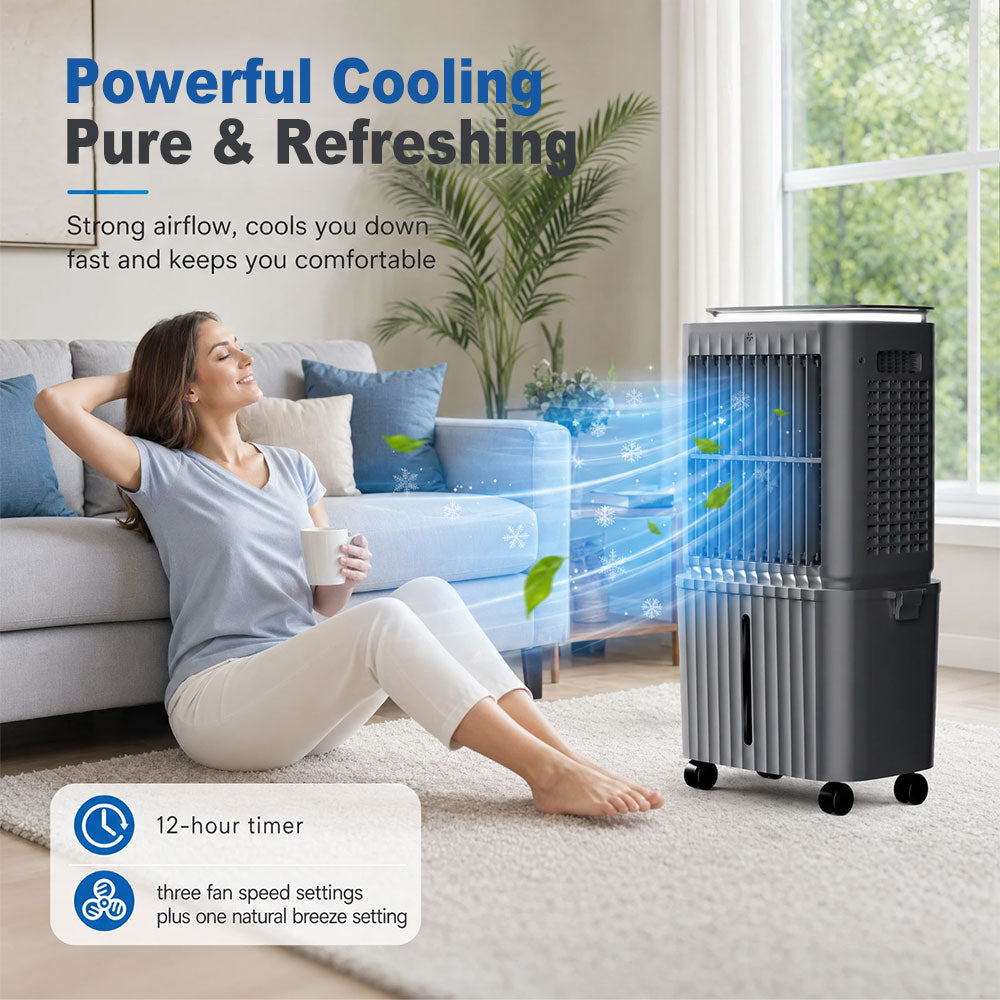 SPZK 25L Large Water Tank Evaporative Air Cooler, White Portable Swamp Cooler Fan with Remote Control & 4 Ice Packs, 3 Wind Speed Movable Cooling Air Conditioner for Home Warehouse Summer Heat Relief & Commercial Use