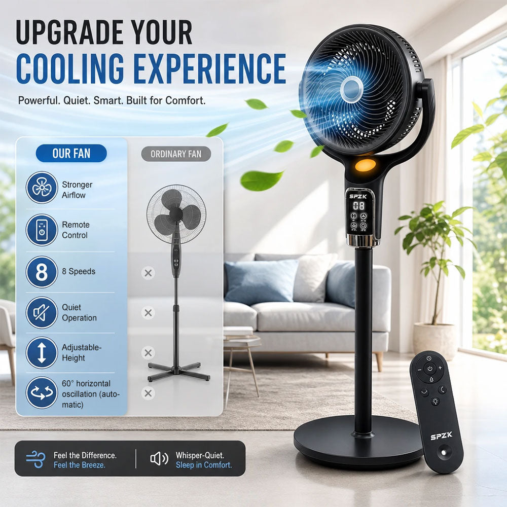 SPZK Black 360° Oscillating Standing Air Circulator Fan, Height Adjustable Pedestal Turbo Fan with Remote Control & LED Digital Display, 8 Speed Quiet Whole Room Air Circulation Fan for Bedroom Living Room Summer Home Cooling, Built-in Timer & Night Light