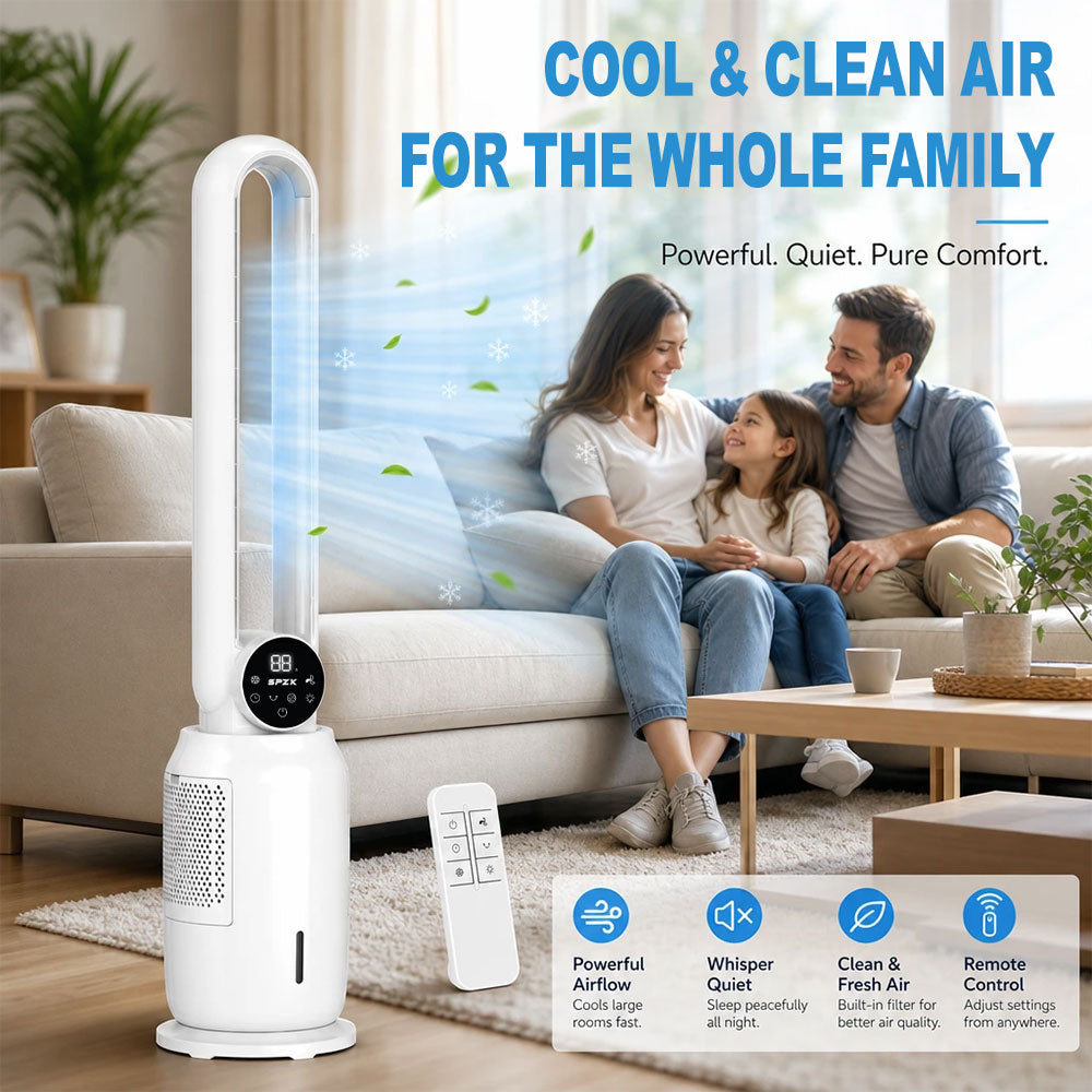 SPZK Bladeless Tower Fan with Air Cooler Function, 3-in-1 Quiet Cooling Fan with Remote Control & LED Display, 9-Speed Adjustable Bladeless Fan for Bedroom, Home Office & Summer Use