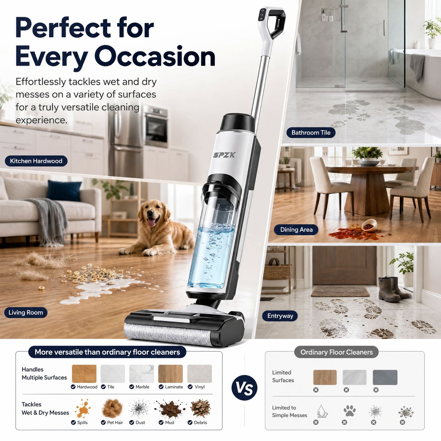 SPZK Cordless Wet Dry Vacuum Cleaner All-in-One Floor Washer, White Black Self-Cleaning Smart Floor Mop with Full Accessory Kit, Rechargeable Suction Mop for Hardwood Tile Pet Hair Home Spring Deep Cleaning Holiday Housework