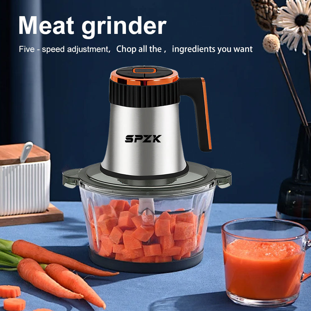 SPZTJK Food Processors, 5-Speed Electric Food Chopper with Vegetable Chopper & Meat Grinder - 2 Bowls (8 Cup Stainless Steel+8 Cup Glass), 300W, 2 Sets of 4 Bi-Level Blades for Vegetable/Fruits/Meat