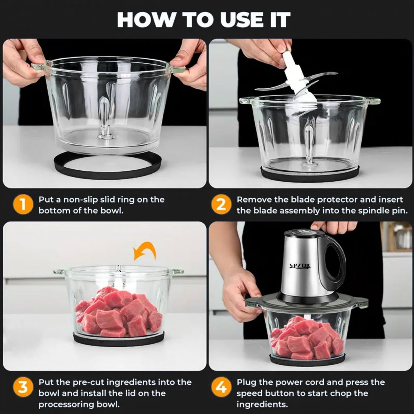 SPZTJK 3-Speed Electric Food Processor: Meat Grinder, Vegetable Chopper & Baby Food Maker - 300W, 2 Bowls (8 Cup Stainless Steel+8 Cup Glass), Quiet Operation