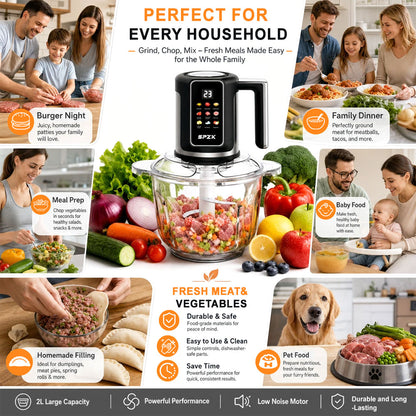SPZK Digital Control Electric Meat Chopper with Big Transparent Glass Container, 10 Function Food Grinder Mincer with Replacement 3-Blade Cutter, Easy Clean Food Processor for Baby Puree, Bread Dough, Garlic Paste, Family Spring Summer Cooking