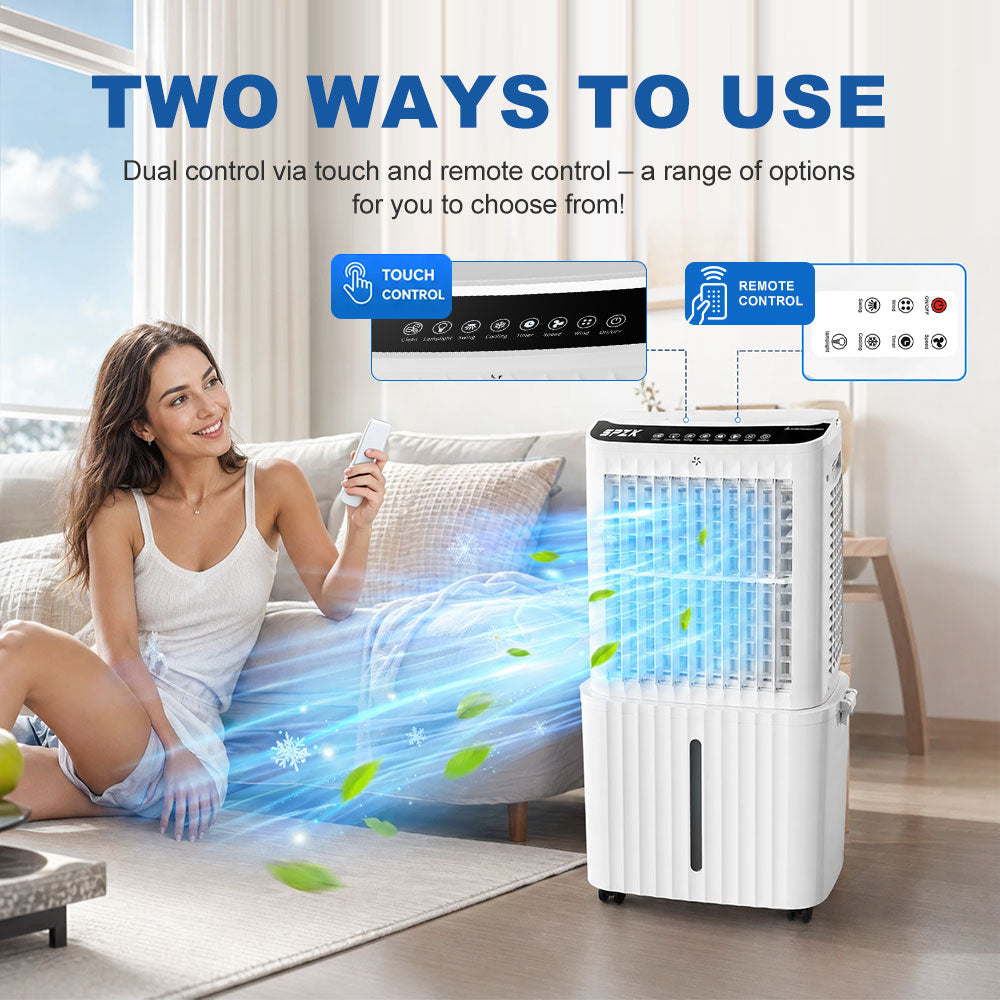 SPZK 25L Large Water Tank Evaporative Air Cooler, White Portable Swamp Cooler Fan with Remote Control & 4 Ice Packs, 3 Wind Speed Movable Cooling Air Conditioner for Home Warehouse Summer Heat Relief & Commercial Use