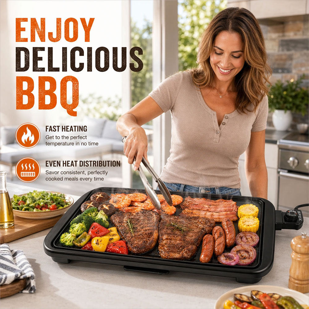SPZK Family-Sized Electric Flat Top Griddle, 20" Large Cooking Surface, Smokeless Non-Stick Electric Grill for Korean BBQ, Teppanyaki, Pancakes, Breakfast & Summer Backyard Parties