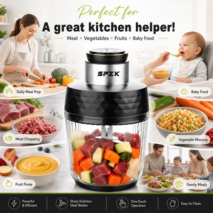 SPZK 2 Cup Set Electric Mini Food Chopper 250ml&500ml Glass Bowl Meat Grinder, 304 Stainless Steel Blade, One Touch Control, Portable Blender for Baby Food, Garlic, Onion, Fruits, Vegetables, Kitchen Gadget for Home Camping Daily Cooking