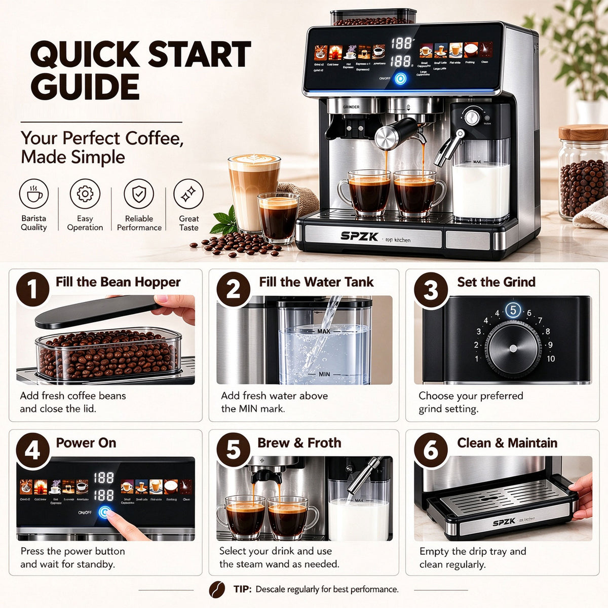 SPZK Espresso Machine with Grinder & Milk Frother | CM5703
