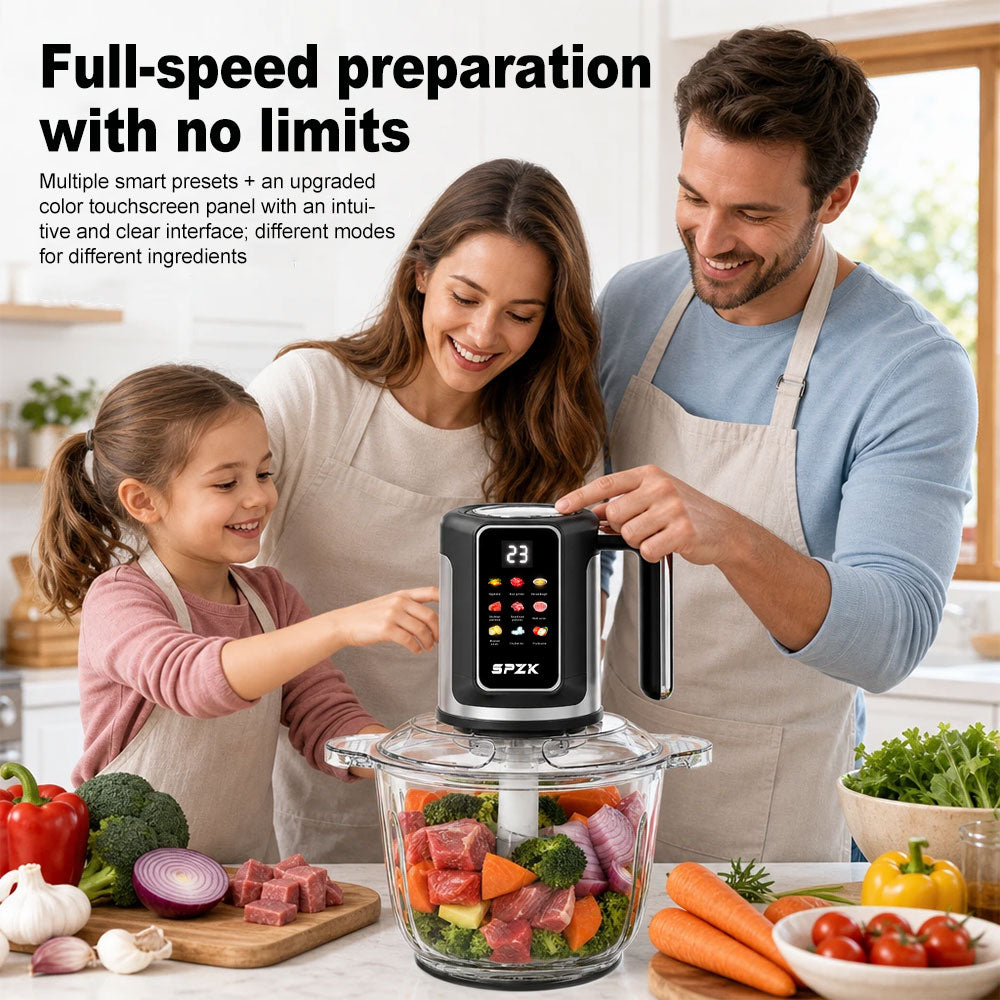 SPZK Digital Control Electric Meat Chopper with Big Transparent Glass Container, 10 Function Food Grinder Mincer with Replacement 3-Blade Cutter, Easy Clean Food Processor for Baby Puree, Bread Dough, Garlic Paste, Family Spring Summer Cooking