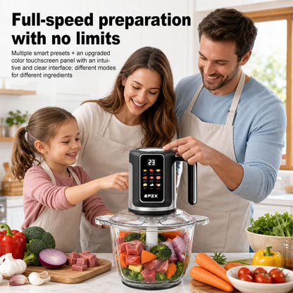 SPZK Digital Control Electric Meat Chopper with Big Transparent Glass Container, 10 Function Food Grinder Mincer with Replacement 3-Blade Cutter, Easy Clean Food Processor for Baby Puree, Bread Dough, Garlic Paste, Family Spring Summer Cooking