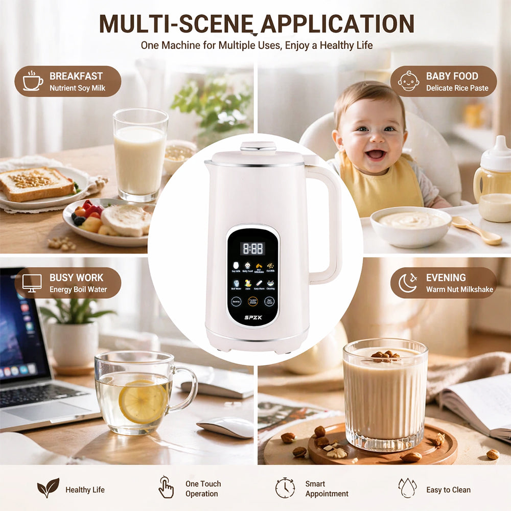 SPZK White Multi-Functional Soy Milk Maker 800ml Mini Automatic Nut Milk Blender, 8 Preset Programs Digital Display Almond Oat Milk Maker with Self-Clean & Keep Warm Function, Portable Soup Juice Baby Food Maker for Home Daily Breakfast Camping Travel