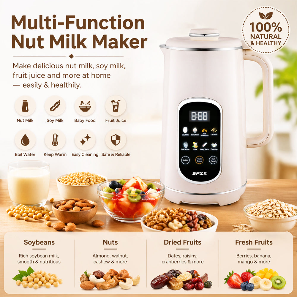 SPZK White Multi-Functional Soy Milk Maker 800ml Mini Automatic Nut Milk Blender, 8 Preset Programs Digital Display Almond Oat Milk Maker with Self-Clean & Keep Warm Function, Portable Soup Juice Baby Food Maker for Home Daily Breakfast Camping Travel
