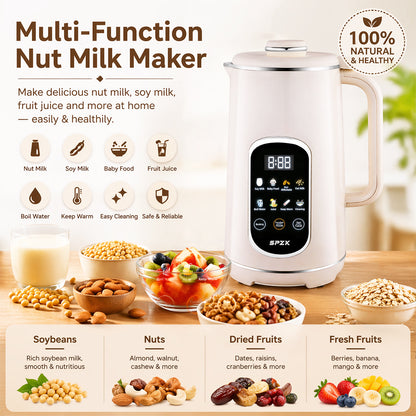 SPZK White Multi-Functional Soy Milk Maker 800ml Mini Automatic Nut Milk Blender, 8 Preset Programs Digital Display Almond Oat Milk Maker with Self-Clean & Keep Warm Function, Portable Soup Juice Baby Food Maker for Home Daily Breakfast Camping Travel
