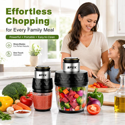 SPZK 2 Cup Set Electric Mini Food Chopper 250ml&500ml Glass Bowl Meat Grinder, 304 Stainless Steel Blade, One Touch Control, Portable Blender for Baby Food, Garlic, Onion, Fruits, Vegetables, Kitchen Gadget for Home Camping Daily Cooking