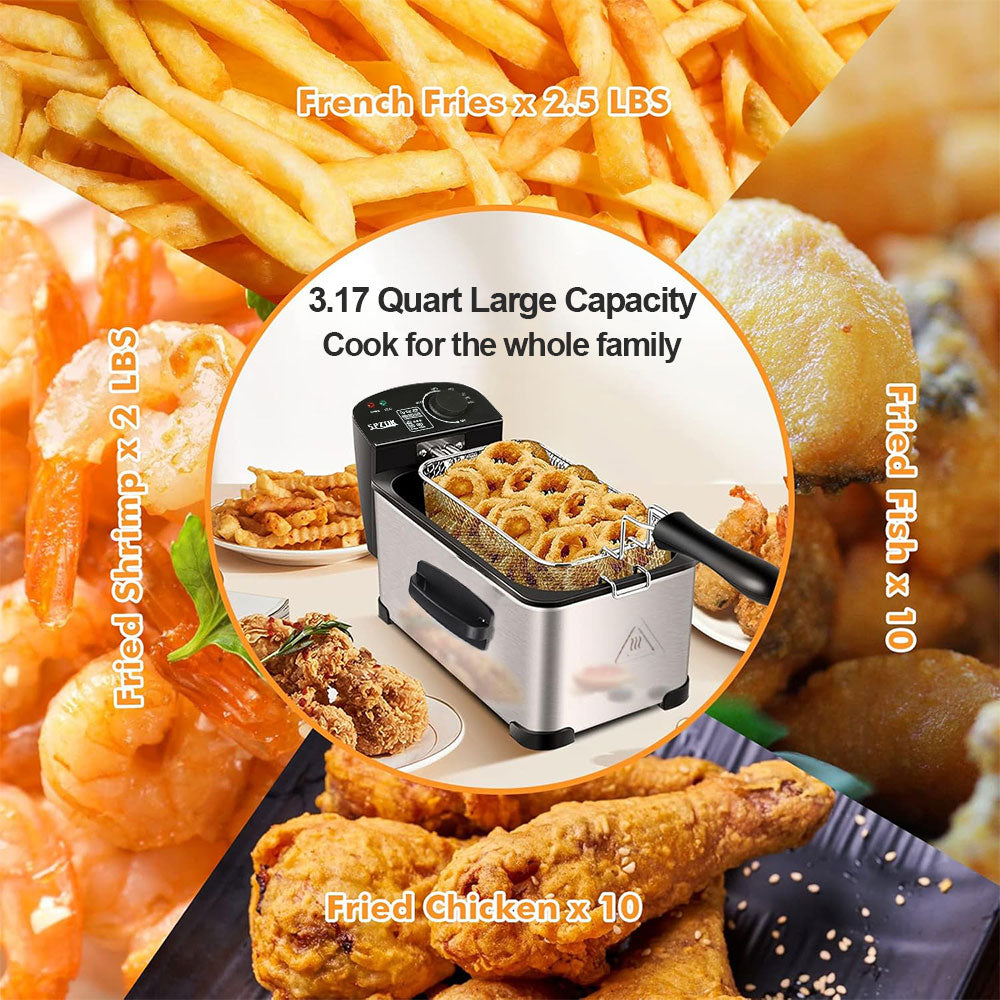 SPZTJK 1500W Stainless Steel Electric Deep Fryer | 3L Cups with View Window Lid
