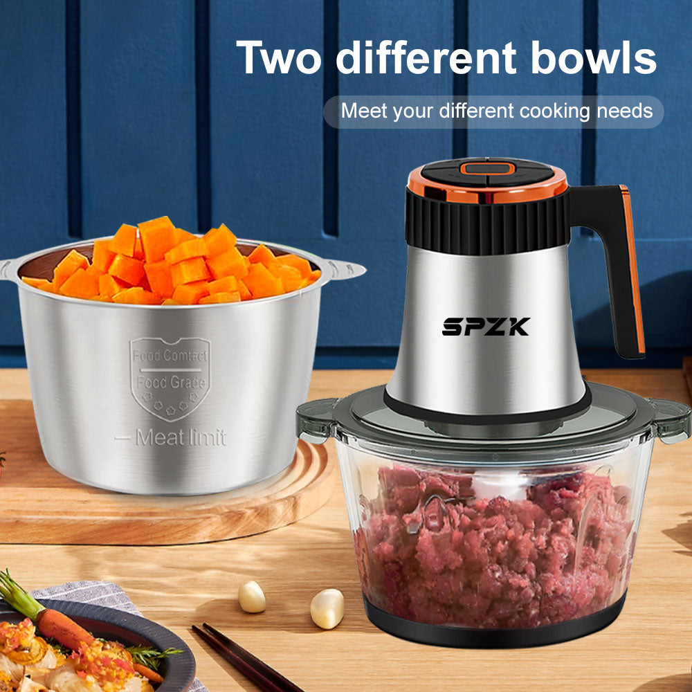 SPZTJK Food Processors, 5-Speed Electric Food Chopper with Vegetable Chopper & Meat Grinder - 2 Bowls (8 Cup Stainless Steel+8 Cup Glass), 300W, 2 Sets of 4 Bi-Level Blades for Vegetable/Fruits/Meat