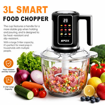 SPZK Digital Control Electric Meat Chopper with Big Transparent Glass Container, 10 Function Food Grinder Mincer with Replacement 3-Blade Cutter, Easy Clean Food Processor for Baby Puree, Bread Dough, Garlic Paste, Family Spring Summer Cooking