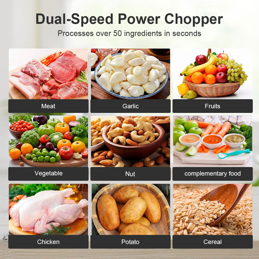 SPZTIK Dual Glass Bowl Electric Food Chopper Meat Grinder, Black Silver 2 Size Glass Containers with 2 Sets Stainless Steel Blades, 2 Speed Control Multifunctional Food Processor for Meat Vegetable Baby Puree Home Daily Cooking Holiday Meal Prep