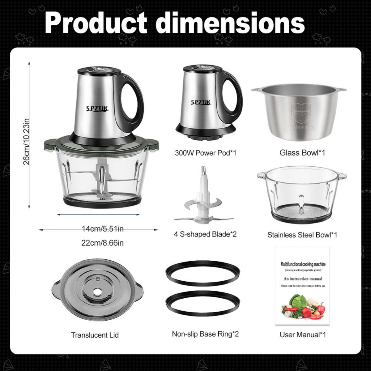 SPZK Electric Food Chopper with Glass Bowl