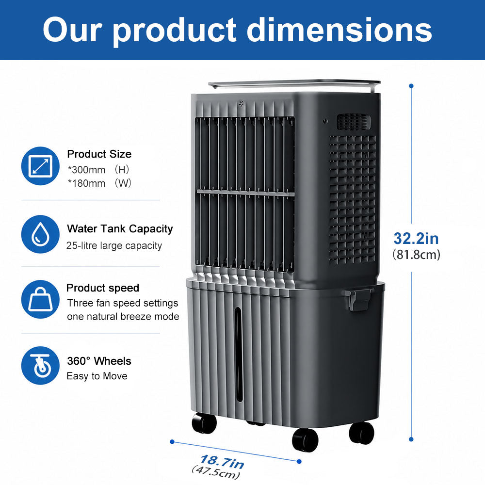 SPZK 25L Large Water Tank Evaporative Air Cooler, White Portable Swamp Cooler Fan with Remote Control & 4 Ice Packs, 3 Wind Speed Movable Cooling Air Conditioner for Home Warehouse Summer Heat Relief & Commercial Use