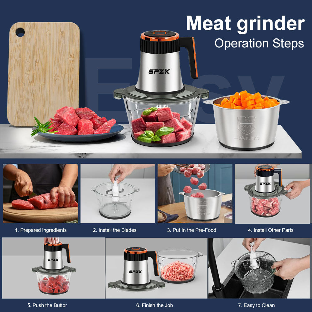 SPZTJK Food Processors, 5-Speed Electric Food Chopper with Vegetable Chopper & Meat Grinder - 2 Bowls (8 Cup Stainless Steel+8 Cup Glass), 300W, 2 Sets of 4 Bi-Level Blades for Vegetable/Fruits/Meat