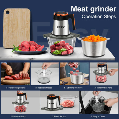 SPZTJK Food Processors, 5-Speed Electric Food Chopper with Vegetable Chopper & Meat Grinder - 2 Bowls (8 Cup Stainless Steel+8 Cup Glass), 300W, 2 Sets of 4 Bi-Level Blades for Vegetable/Fruits/Meat