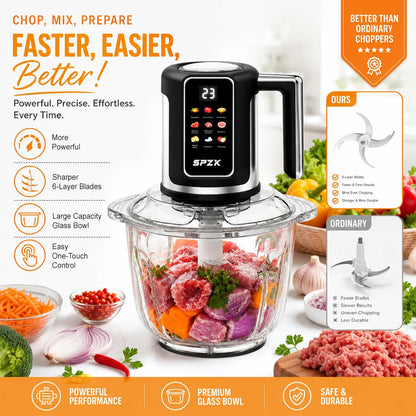 SPZK Digital Control Electric Meat Chopper with Big Transparent Glass Container, 10 Function Food Grinder Mincer with Replacement 3-Blade Cutter, Easy Clean Food Processor for Baby Puree, Bread Dough, Garlic Paste, Family Spring Summer Cooking
