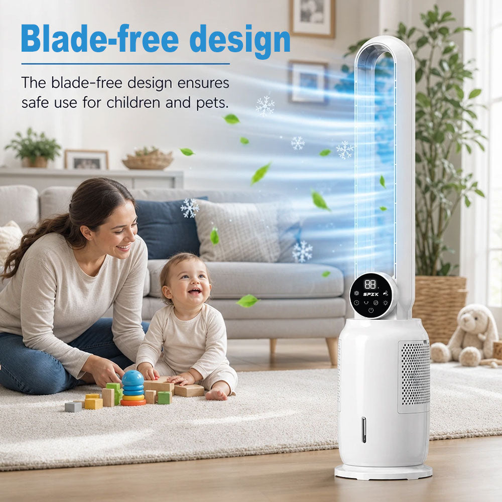 SPZK Bladeless Tower Fan with Air Cooler Function, 3-in-1 Quiet Cooling Fan with Remote Control & LED Display, 9-Speed Adjustable Bladeless Fan for Bedroom, Home Office & Summer Use