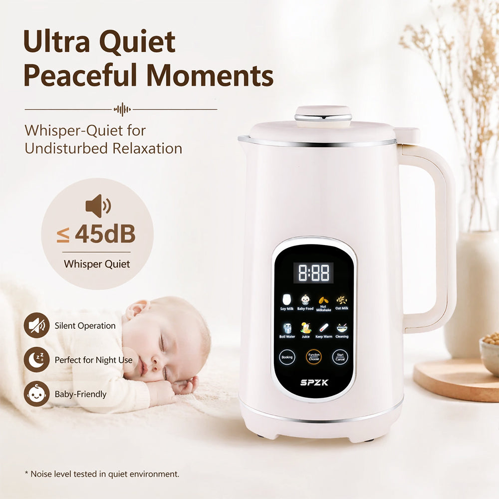 SPZK White Multi-Functional Soy Milk Maker 800ml Mini Automatic Nut Milk Blender, 8 Preset Programs Digital Display Almond Oat Milk Maker with Self-Clean & Keep Warm Function, Portable Soup Juice Baby Food Maker for Home Daily Breakfast Camping Travel