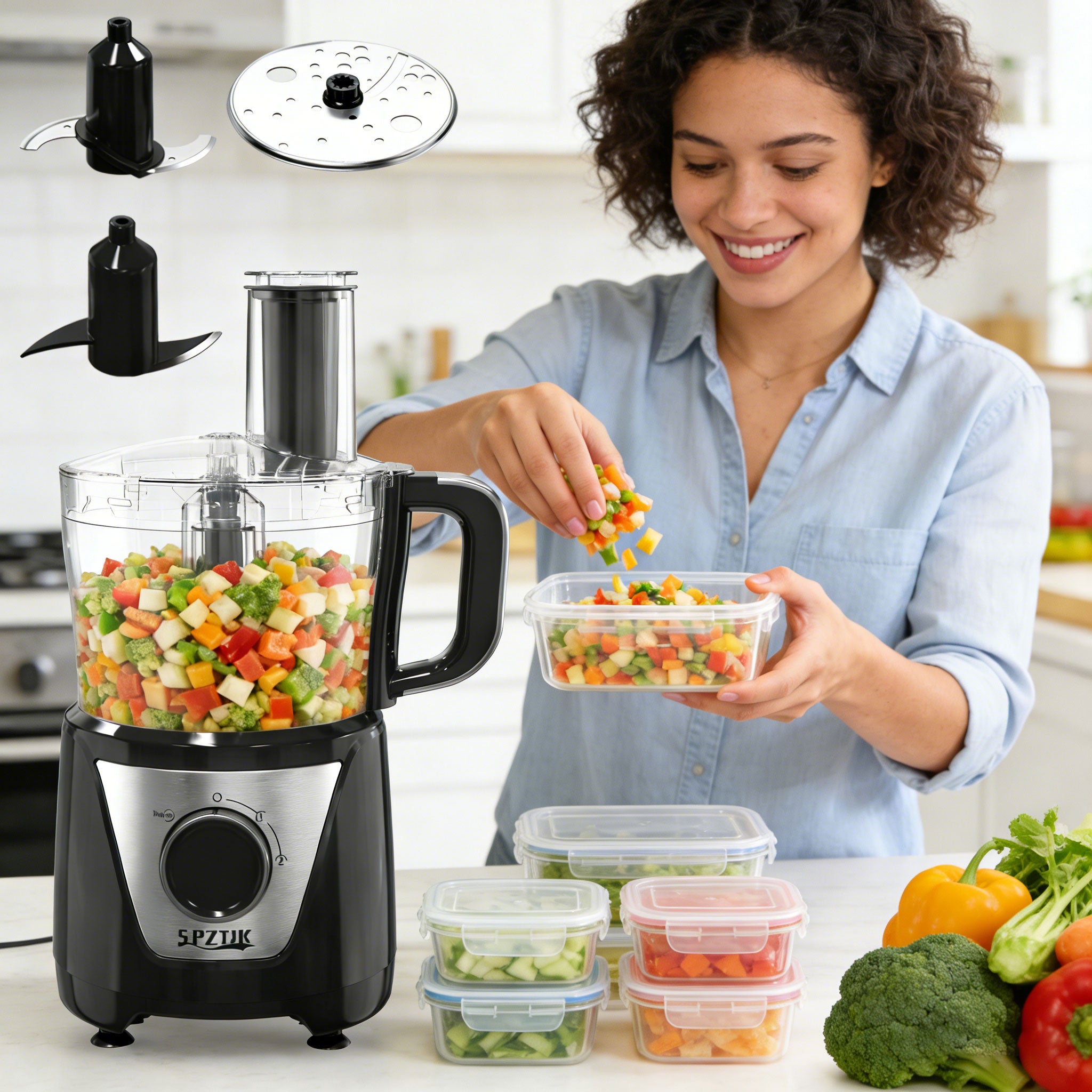 SPZTJK 12-Cup Food Processor - 600W - 11 Speeds - Auto Cleaning - Time