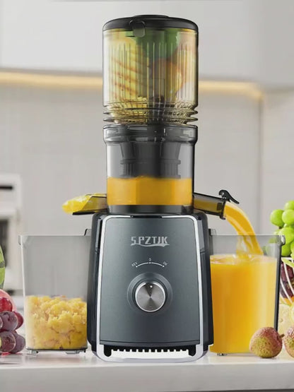 SPZTIK Wide Feed Chute Slow Masticating Juicer, Dark Grey Cold Press Juice Extractor, Reverse Anti-Clog Design Quiet Fruit Vegetable Juicer with Juice Cup & Pulp Container, Easy Clean Masticating Juicer for Home Kitchen Summer Detox Homemade Juice Making