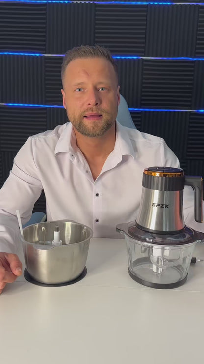 SPZTJK Food Processors, 5-Speed Electric Food Chopper with Vegetable Chopper & Meat Grinder - 2 Bowls (8 Cup Stainless Steel+8 Cup Glass), 300W, 2 Sets of 4 Bi-Level Blades for Vegetable/Fruits/Meat