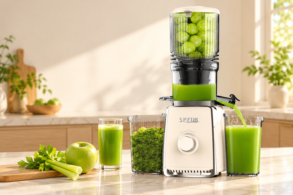 White SPZK 802L slow juicer with juice and pulp containers in a warm kitchen