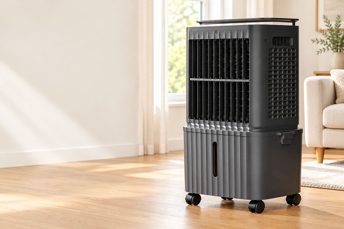 Dark gray SPZK KC-818R evaporative air cooler in a light neutral living room